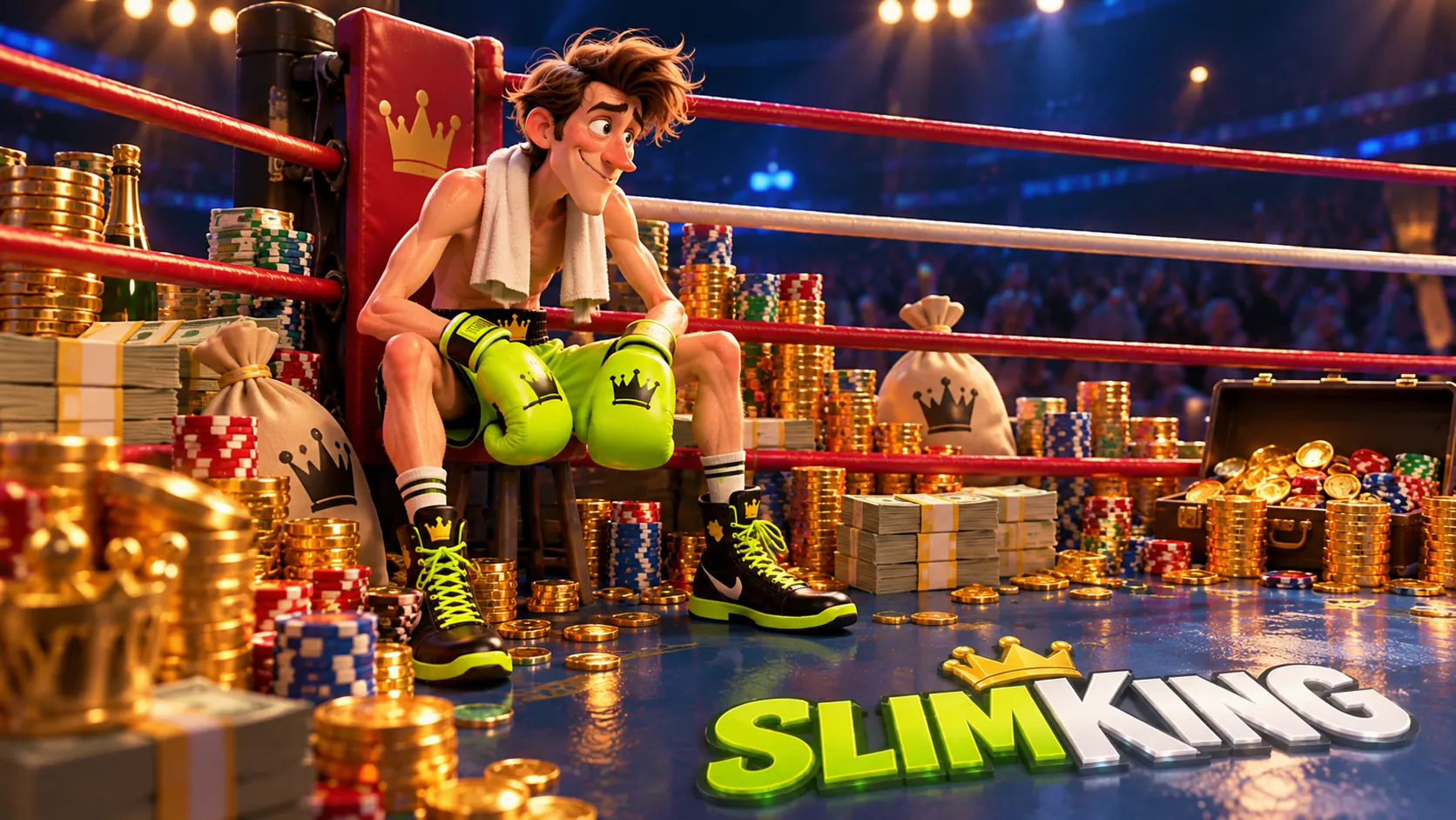 SlimKing fighter resting in his corner surrounded by chips