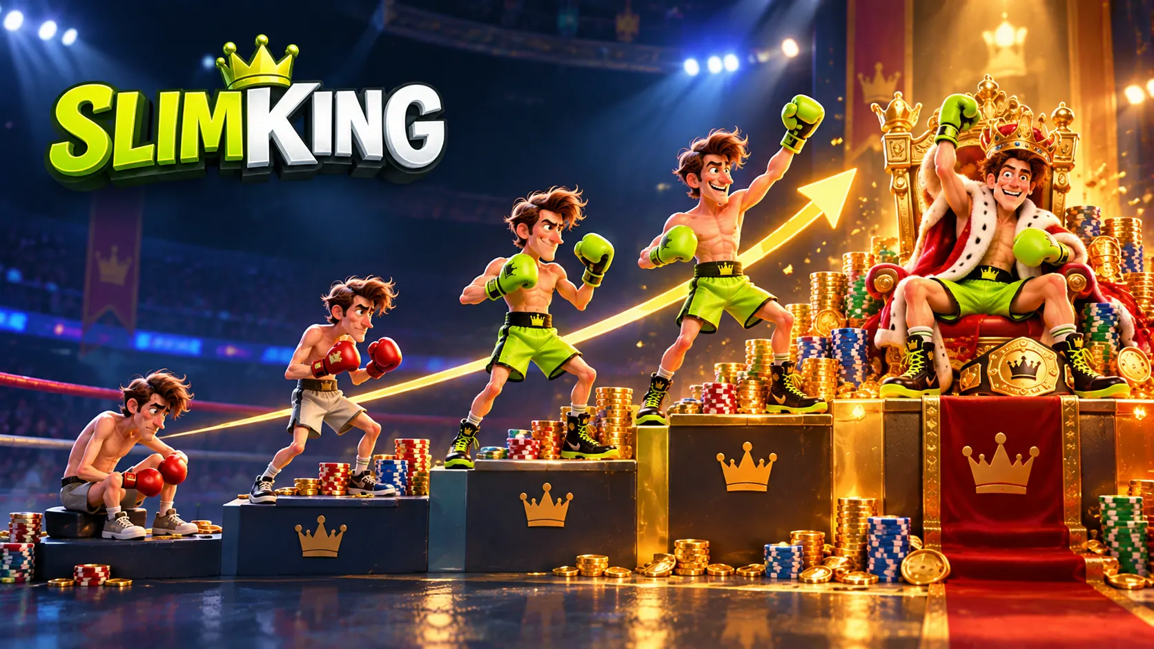 SlimKing boxer climbing from the ring to the throne